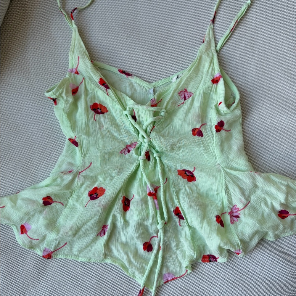 Free People Mint Green Floral Lace-Up Camisole